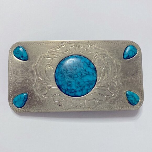 Vintage Nickel Silver And Turquoise Large Belt Buckle main image 5